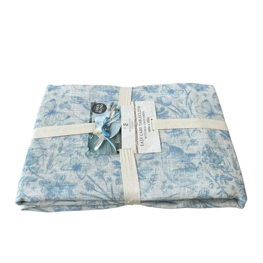 Blooming Easter Blue Bunny Rabbit Floral Tablecloth 60x120 Linen Blend NEW